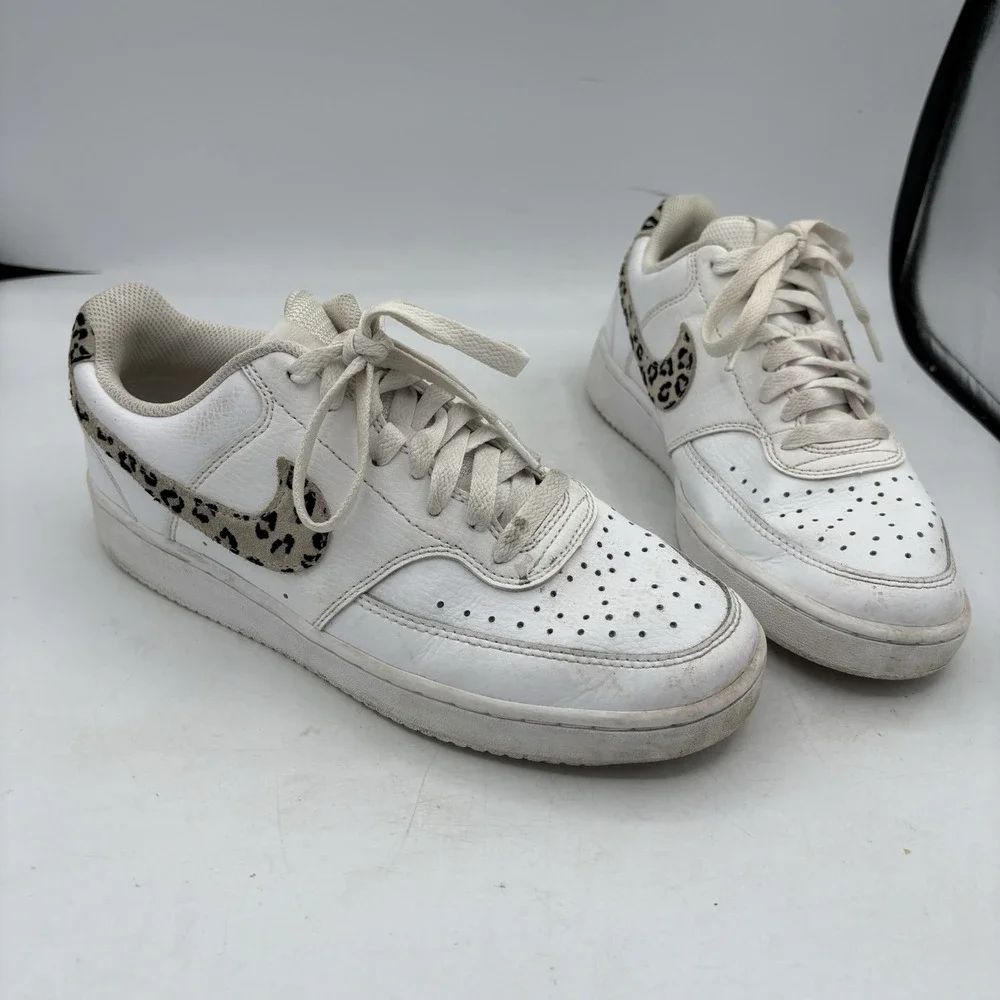 Nike Shoes Womens Size 8 Court Vision Low White Leopard Swoosh Casual‎ Sneakers